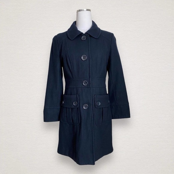 Anthropologie Jackets & Blazers - Tulle Anthropologie Wool Blend Blue Collared Button Front Peacoat Size L